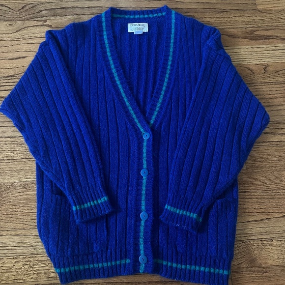 Collage Sweaters - Vintage 80's/90's Blue Varsity Preppy Cardigan Size L - Academia Americana